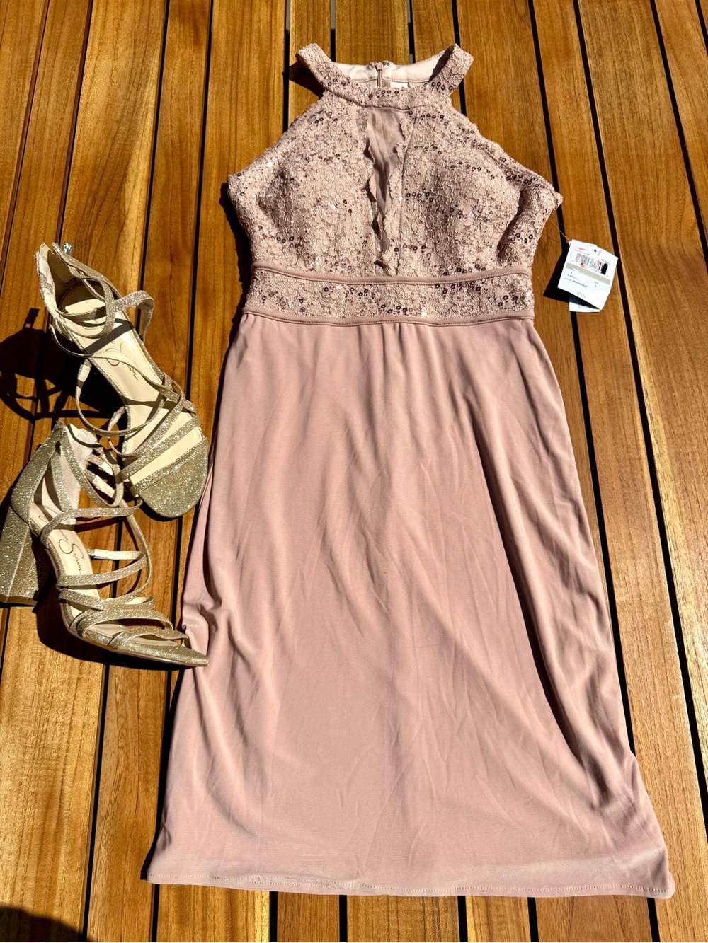 Sleeveless Lace Bodice Halter Dress - Rose Gold